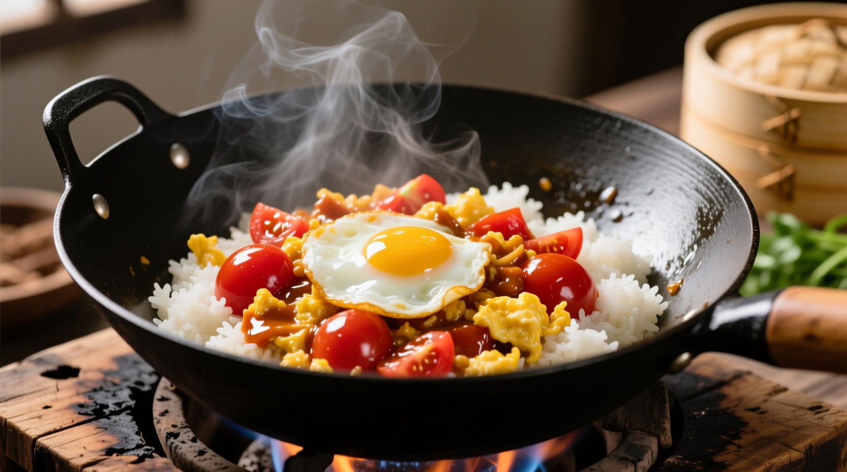 Chinese tomato and egg stir-fry in wok with rice