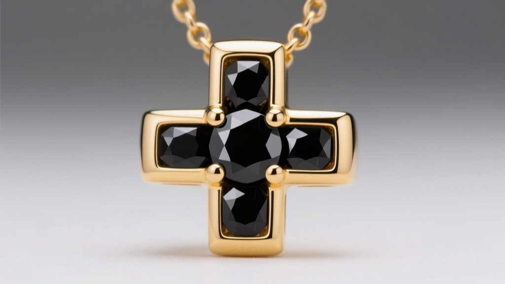 Macro shot of a bezel-set black diamond cross necklace in yellow gold, showing the smooth metal rim securing the opaque stone