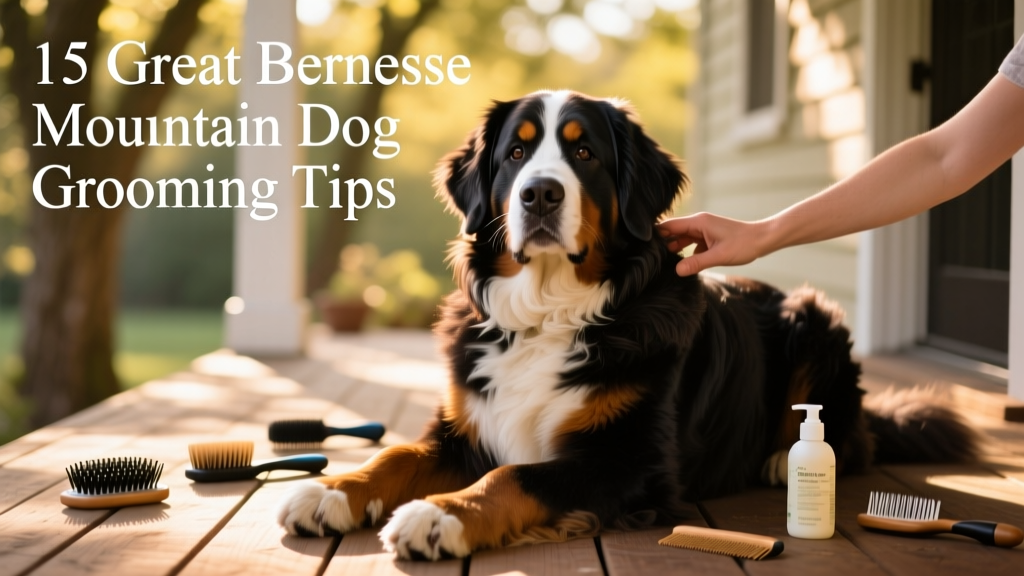 Bernese Mountain Dog sitting calmly while being brushed, showing healthy shiny coat