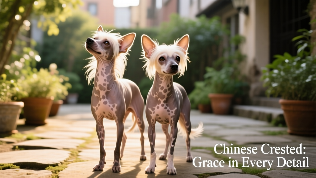 Two Chinese Crested dogs stand next to each other outdoors