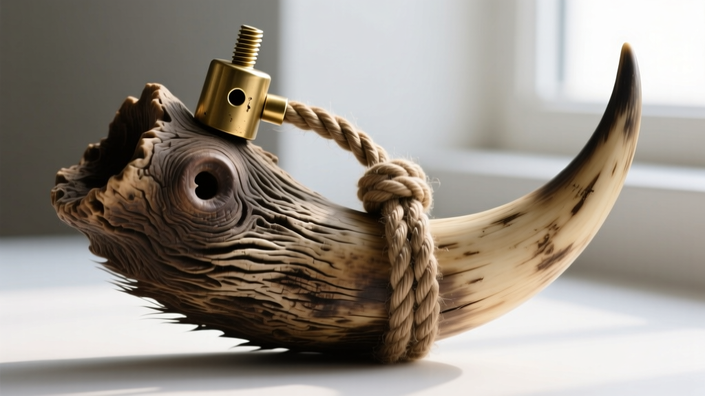 Brass screw-top bail attached to a large boar tusk, highlighting the drilled pilot hole and thick waxed cotton cord threading.