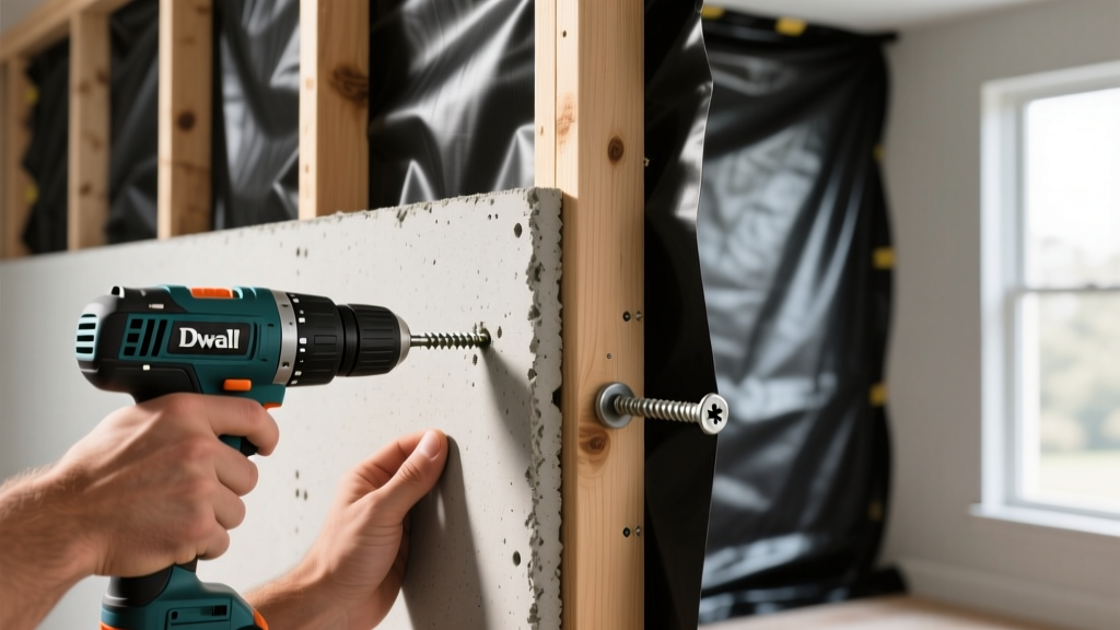 Contractor screwing cement backer board into wooden wall studs with a black weather-resistant moisture barrier visible behind panels.