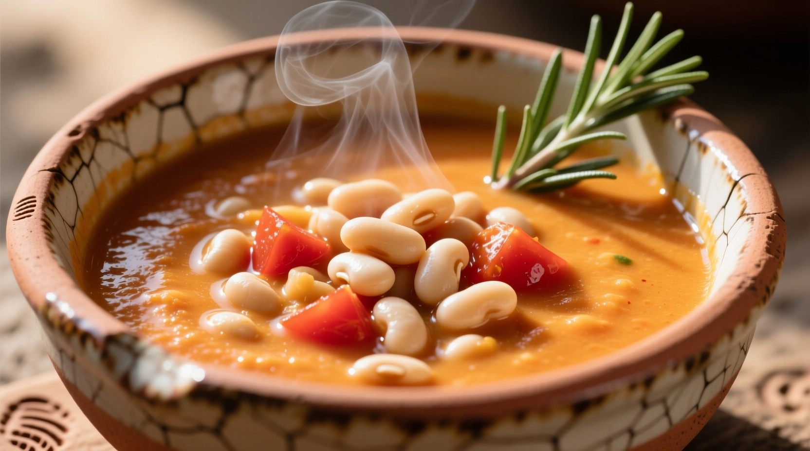 Creamy tomato white bean soup in rustic bowl