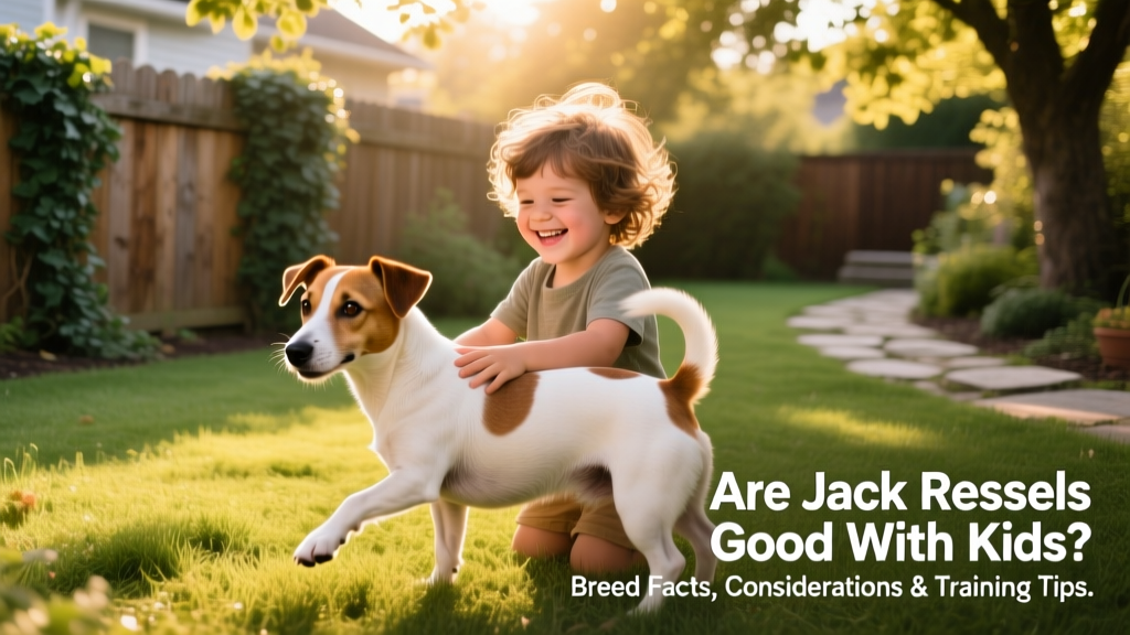 A smiling child gently petting a lively Jack Russell Terrier in a sunlit backyard