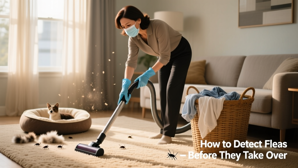 Person vacuuming carpet while wearing gloves and mask, with pet bed and laundry basket nearby