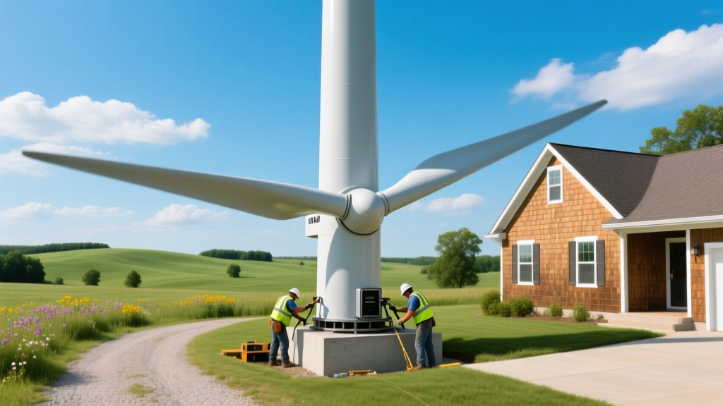 10kW residential wind turbine installation on a rural Midwest farmhouse property under clear skies and rolling green hills