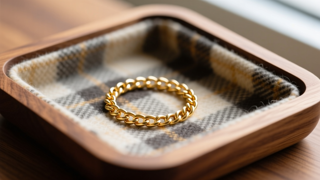 Macro shot of anti-tarnish treated flannel lining inside a wooden tray, protecting a delicate 18k gold chain from oxidation.