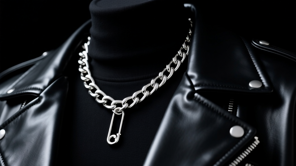 Heavy 12mm sterling silver Cuban chain with a safety pin pendant resting on a black leather jacket collar in moody studio light.