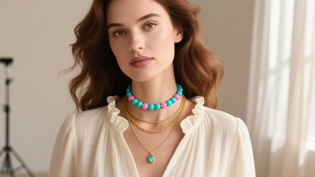 Woman wearing layered necklaces featuring a 16-inch pink turquoise choker and an 18-inch gold lariat against a cream linen blouse