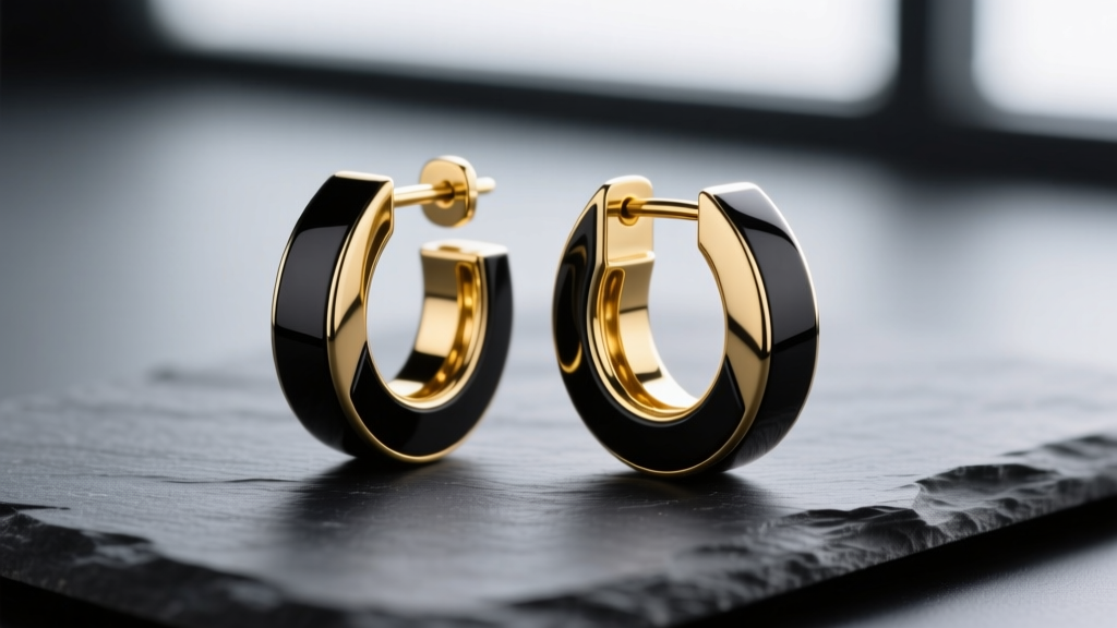 Macro shot of 14k gold and black PVD coated stainless steel huggie hoop earrings on dark slate, highlighting two-tone contrast.