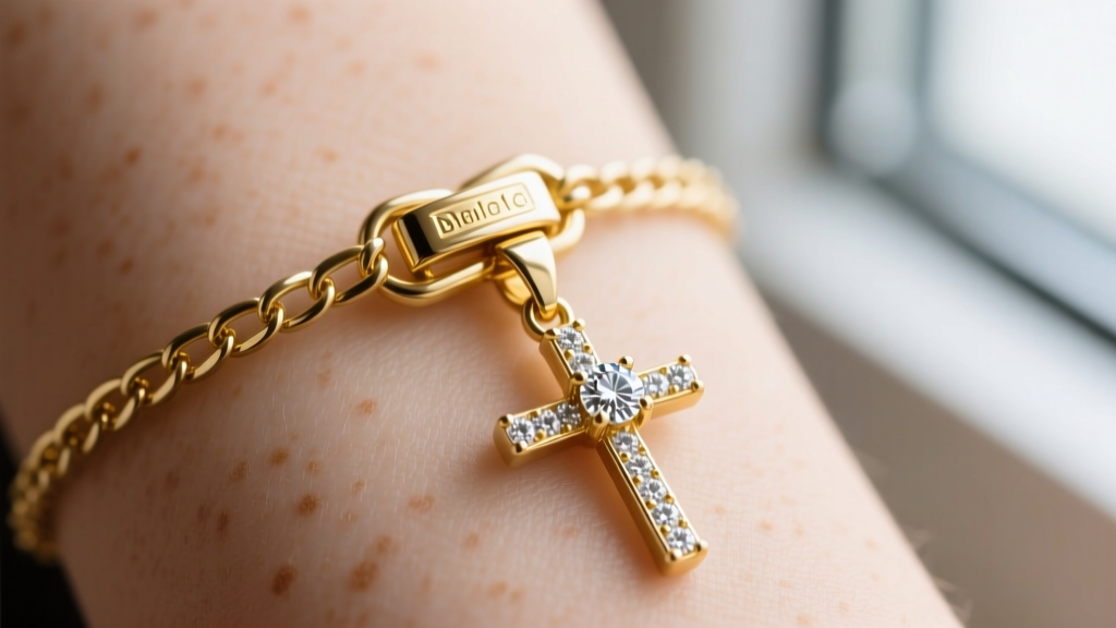 Macro photography of a 1.2mm 18k yellow gold box chain clasp securing a delicate diamond cross pendant against soft skin.