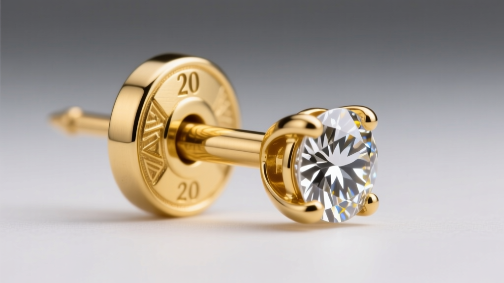 Macro shot of 18k yellow gold guardian earring back locking onto a 20-gauge diamond stud post under bright, soft studio lighting.
