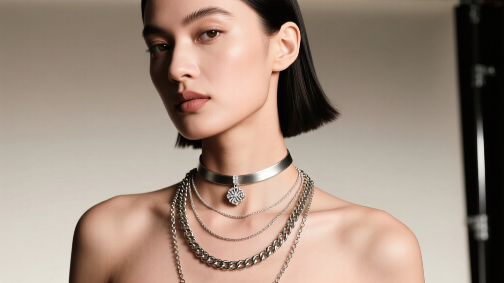 Model wearing a layered stack featuring a small silver Blohsh pendant on a 16-inch choker and a thicker chain on an 18-inch drop