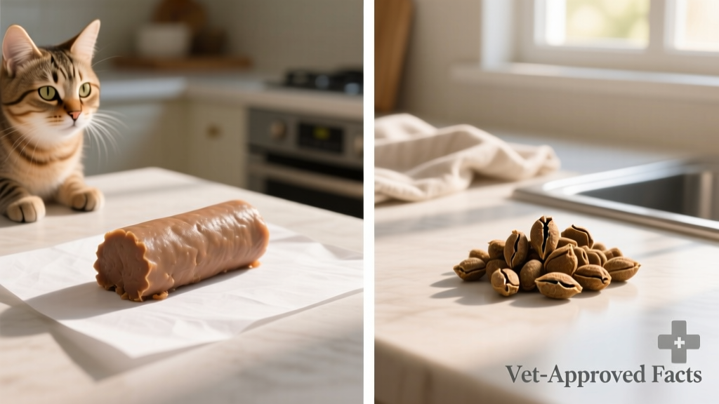 Side-by-side comparison showing normal cat stool versus small, dry, pellet-like stool indicative of constipation
