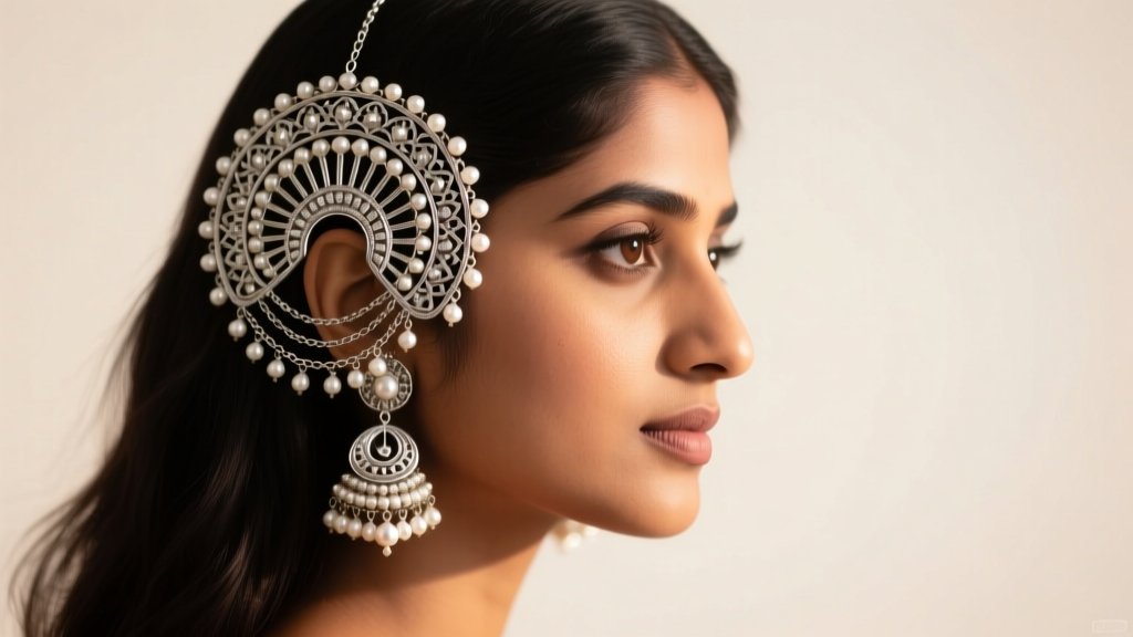 Side profile of a woman wearing a traditional silver and pearl Jhoomar headpiece on the left side, elegant studio lighting setup.