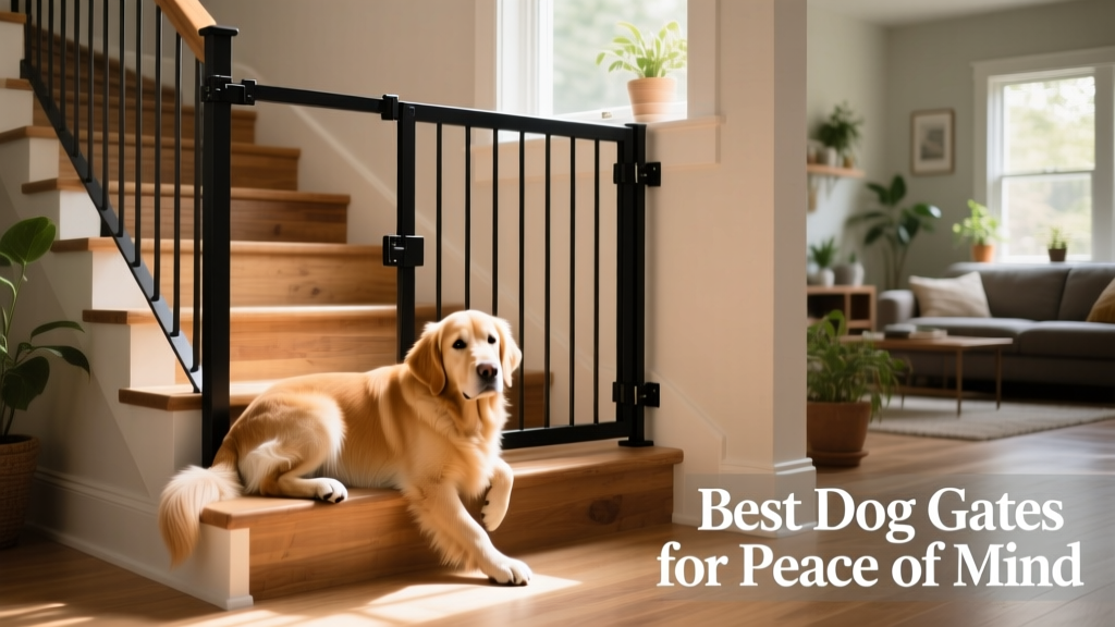 A black steel dog gate installed at the top of a staircase, with a medium-sized dog resting calmly on the lower level