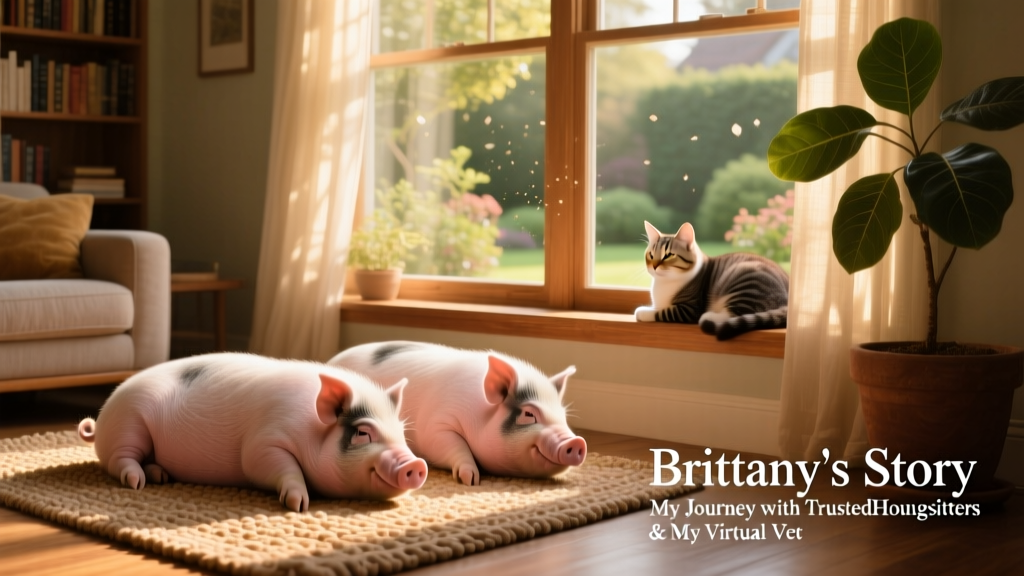 A cozy, sunlit living room with two potbelly pigs lounging on a rug and a senior cat perched on a windowsill