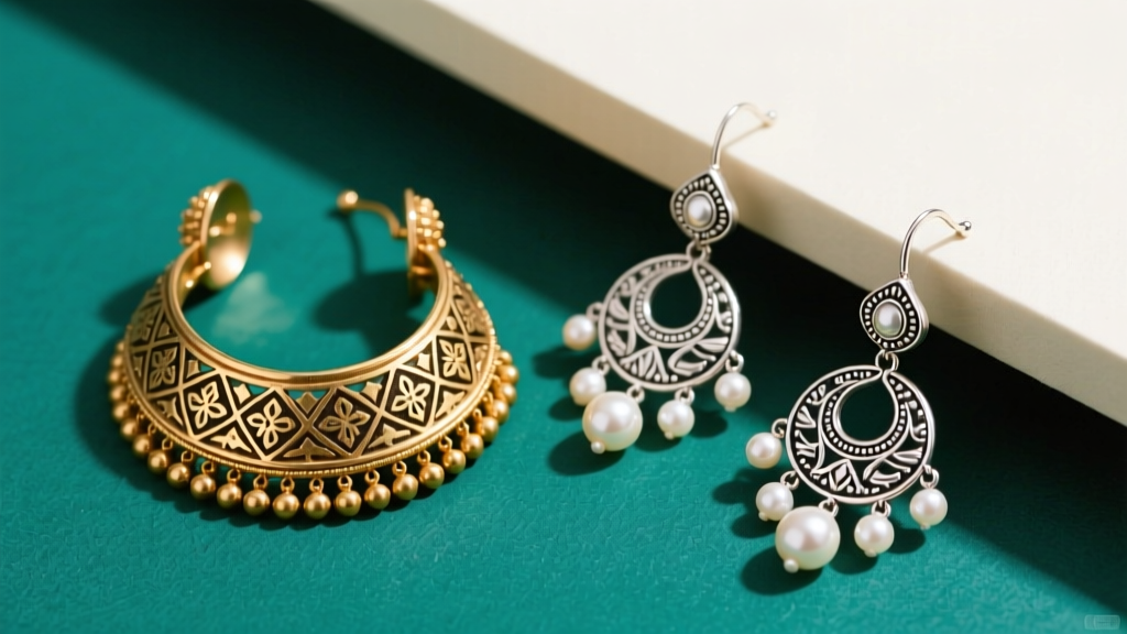 Flat lay comparing brass jhumkas with stamped patterns next to handcrafted sterling silver jhumkas featuring genuine pearl drops.