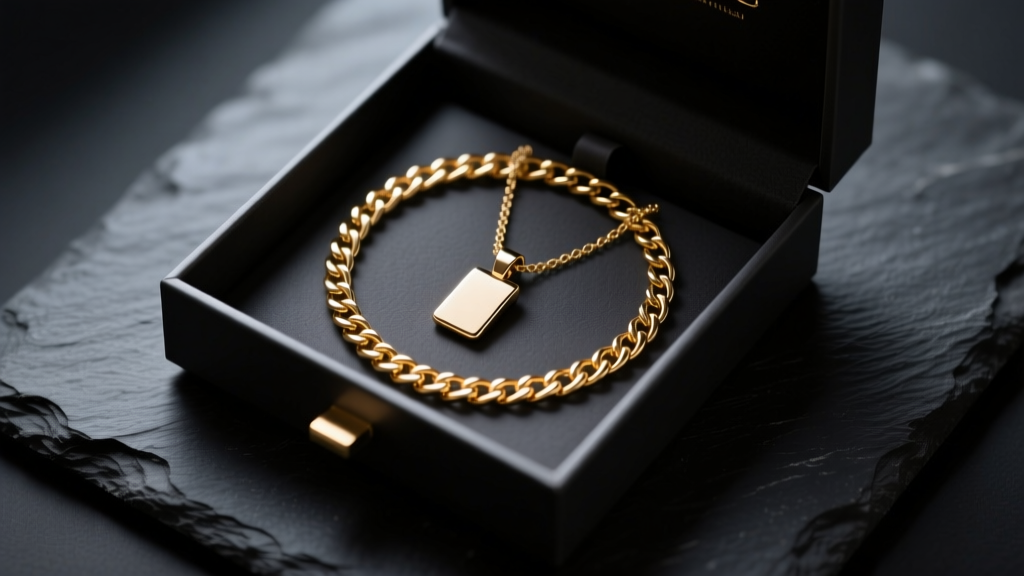 Flat lay gift box containing a 14k gold 18-inch box chain and a small titanium pendant on dark slate, moody cinematic lighting