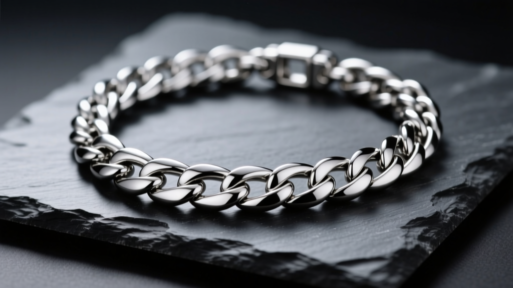 Polished 316L steel cuban link necklace on dark slate, reflecting soft directional studio lighting in a close-up macro shot