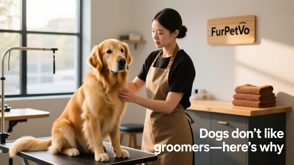 Calm Golden Retriever sitting beside a FurPetVo groomer during a low-stress grooming session