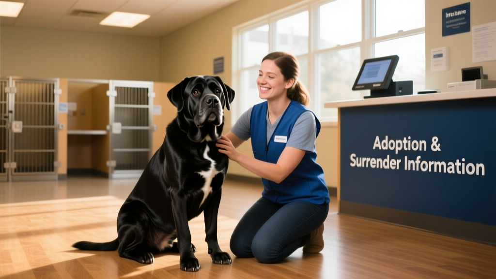 A calm, well-groomed Mastiff sitting beside a caring volunteer at a clean, sunlit shelter intake area