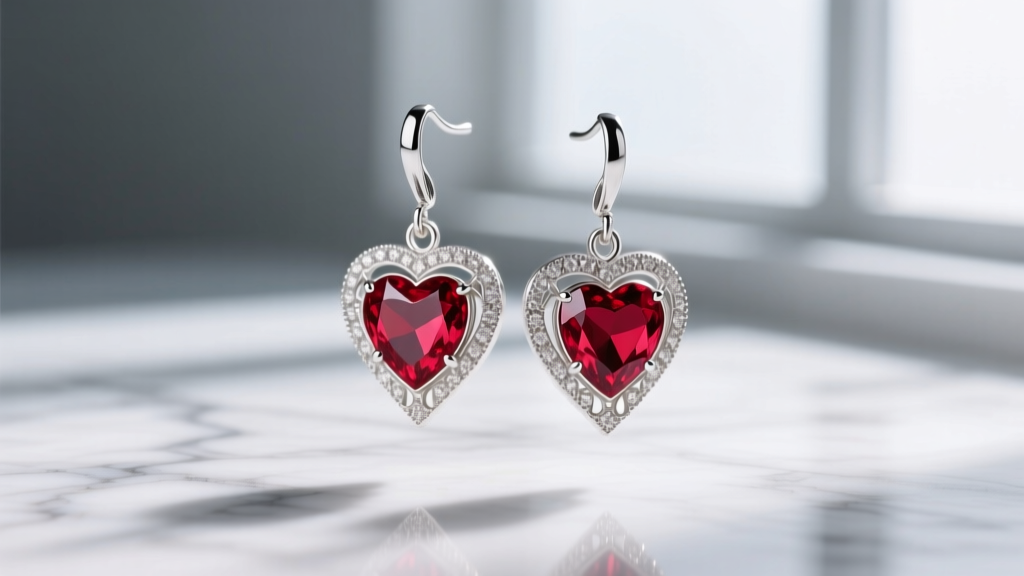 Elegant ruby-accented Queen of Hearts playing card dangle earrings crafted in sterling silver, photographed on a marble surface