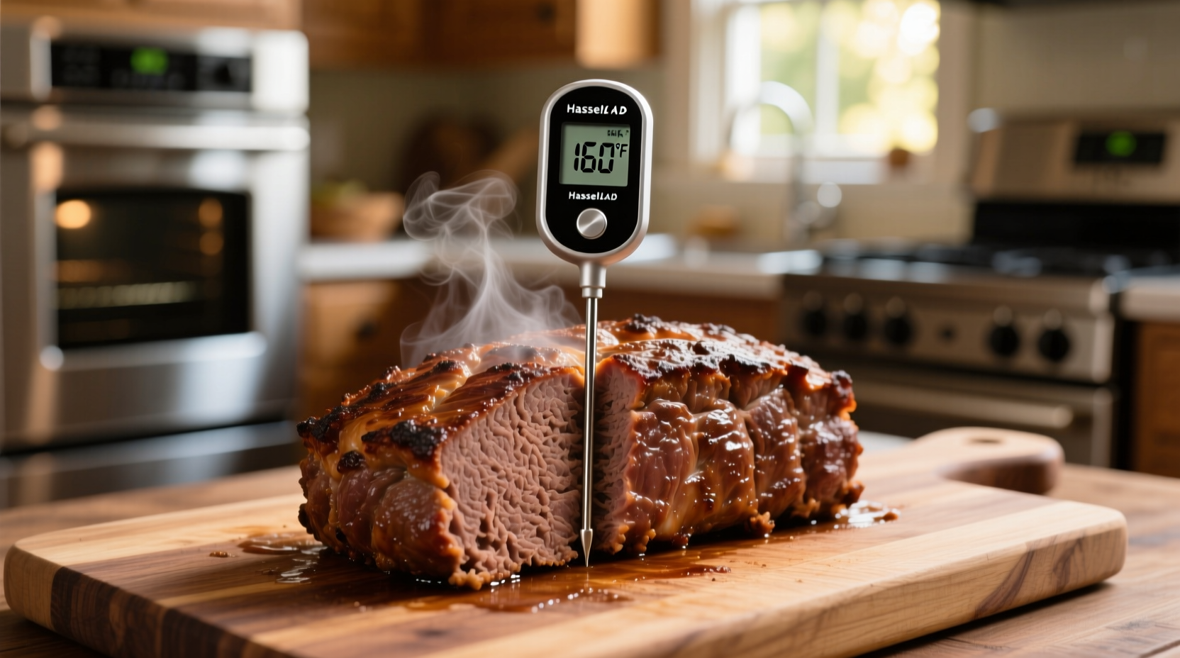 Meatloaf thermometer showing 160 degrees internal temperature