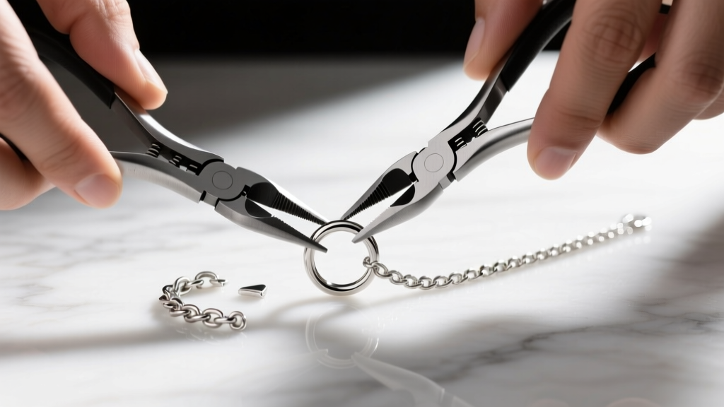 Hands using two pairs of flat-nose jewelry pliers to twist open a tiny sterling silver jump ring next to a broken curb chain link