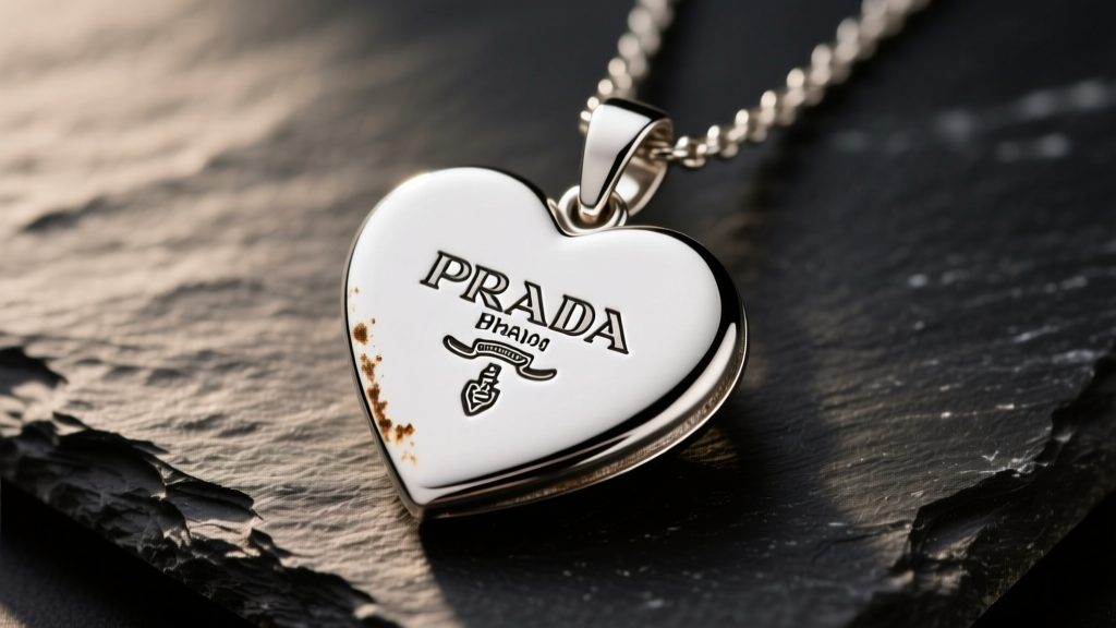 A sterling silver Prada heart pendant on dark slate, showing the engraved logo and subtle edge tarnish under warm studio lighting.