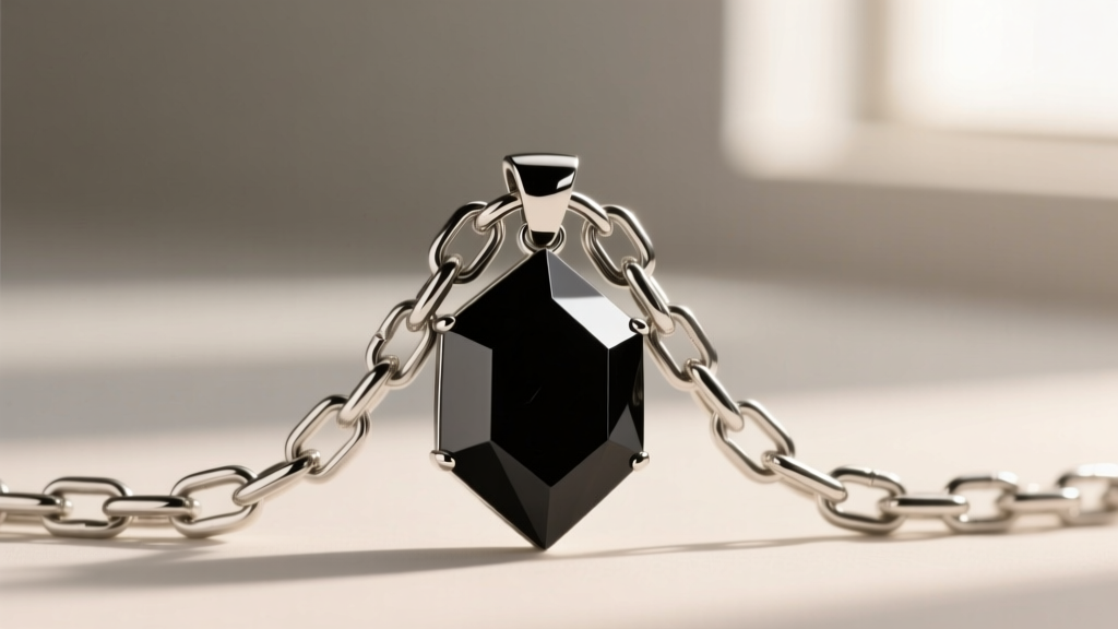 Macro shot of a stainless steel curb chain connecting to a geometric black onyx pendant, highlighting the polished metal links