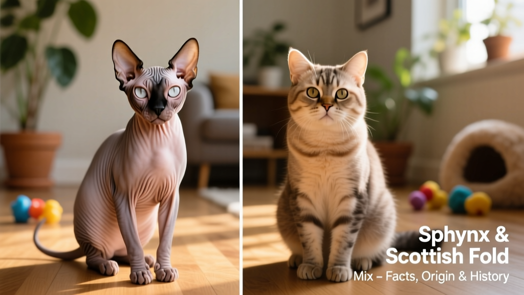 Side-by-side comparison of a Sphynx and a Scottish Fold, highlighting ear shape and coat texture