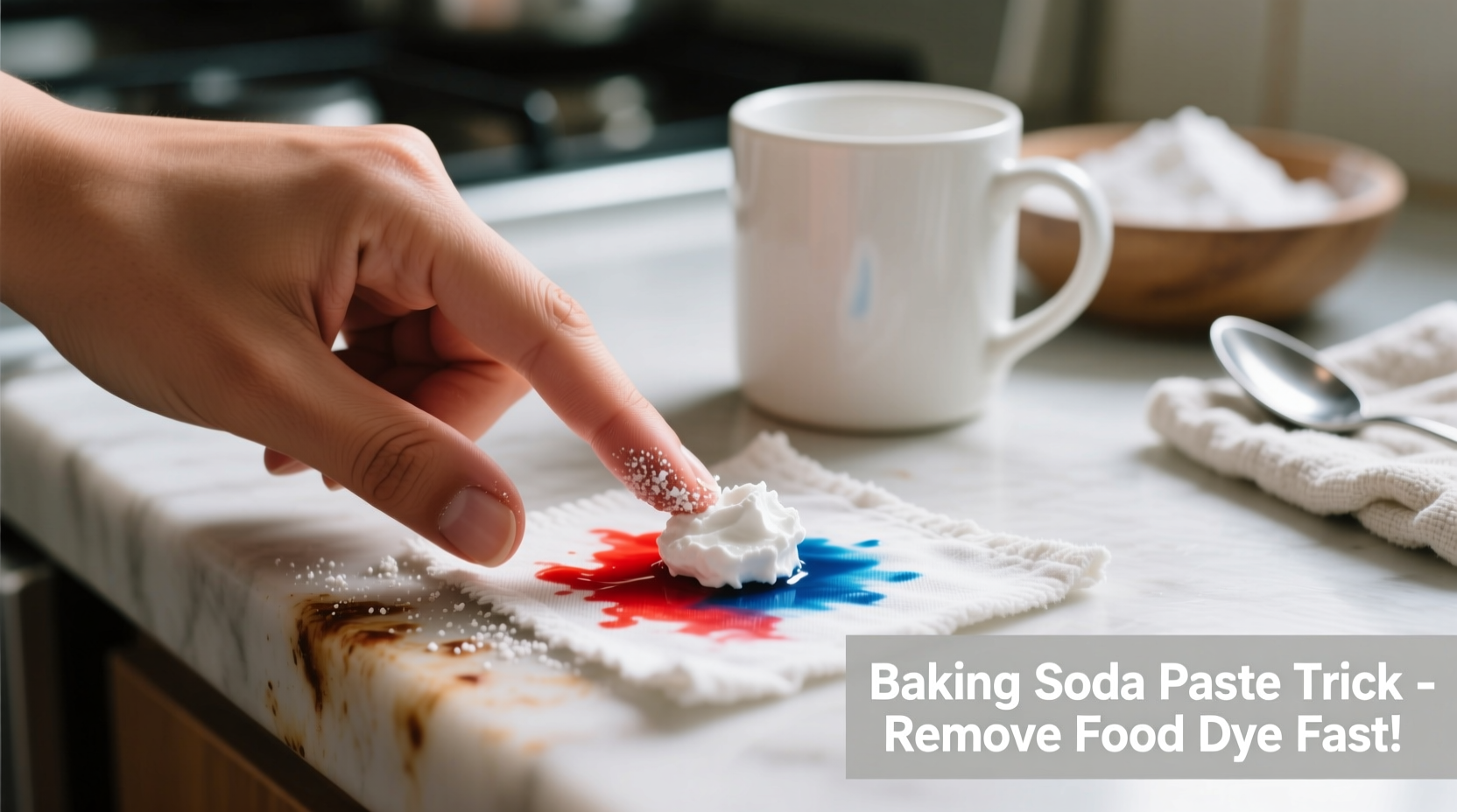 Hand demonstrating food dye removal technique with baking soda paste
