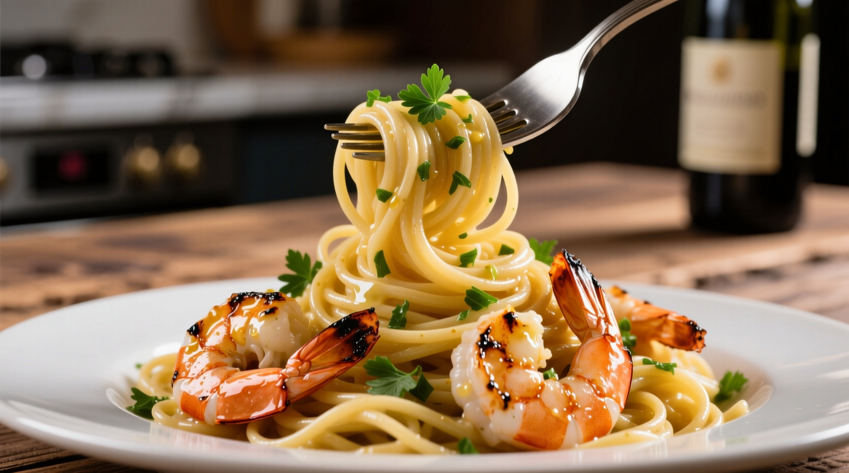 Perfectly cooked spaghetti with garlic butter shrimp