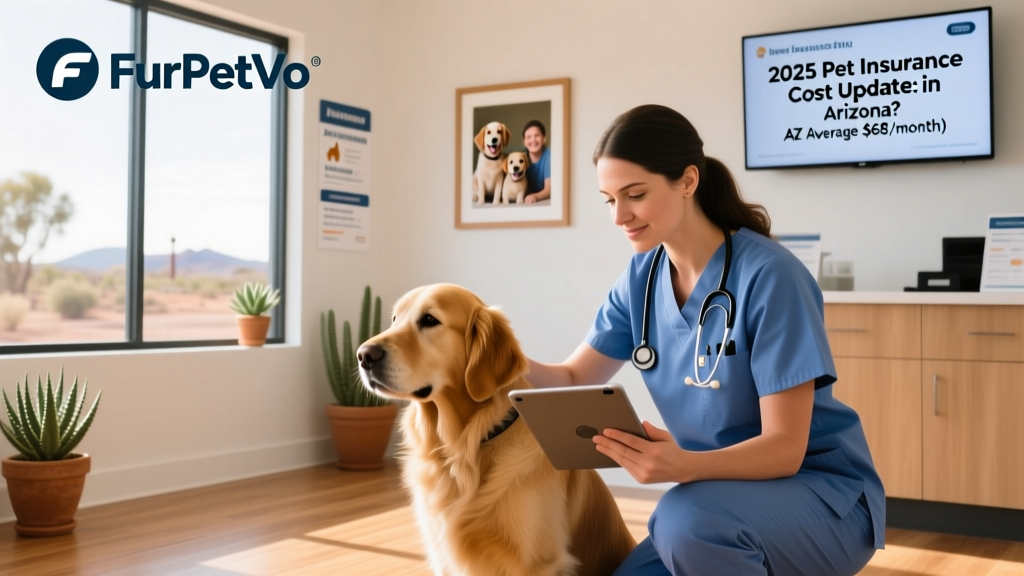 Veterinarian examining a dog in an Arizona clinic with FurPetVo logo visible on tablet screen