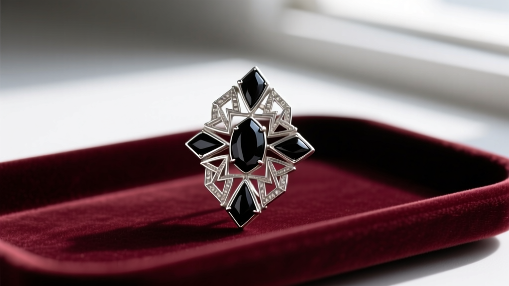 Close-up of a geometric 1920s art deco earring on a velvet tray, showing intricate platinum filigree and dark onyx inlay details
