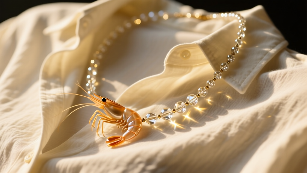 Layered stack featuring a delicate glass bead shrimp necklace over a cream linen shirt, bathed in warm golden hour sunlight