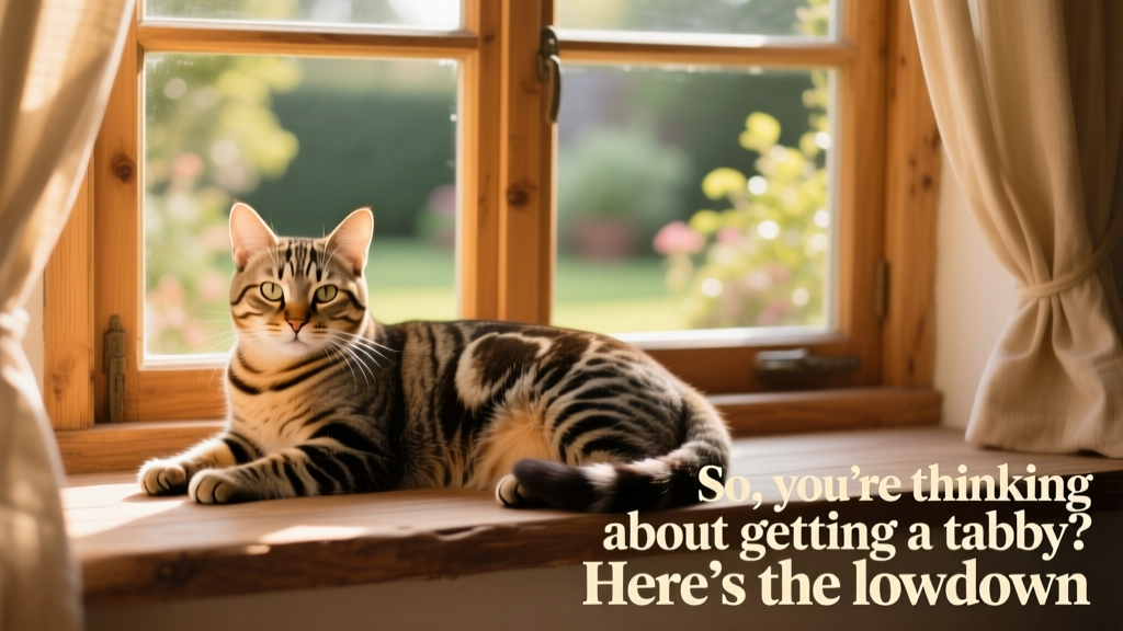 A relaxed tabby cat lounging in a sunlit window, showcasing clear mackerel striping along its sides
