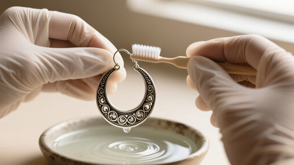 Hands in nitrile gloves gently brushing a vintage Mexican silver hoop earring with a soft toothbrush and mild soapy water.
