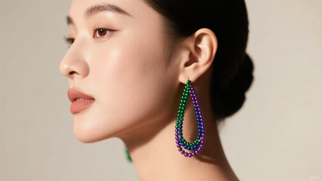 Side profile of a woman with a round face wearing elongated teardrop beaded hoop earring designs to create vertical length