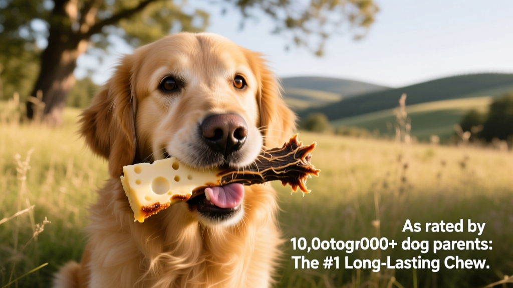 A golden retriever happily chewing on a durable yak cheese chew outdoors