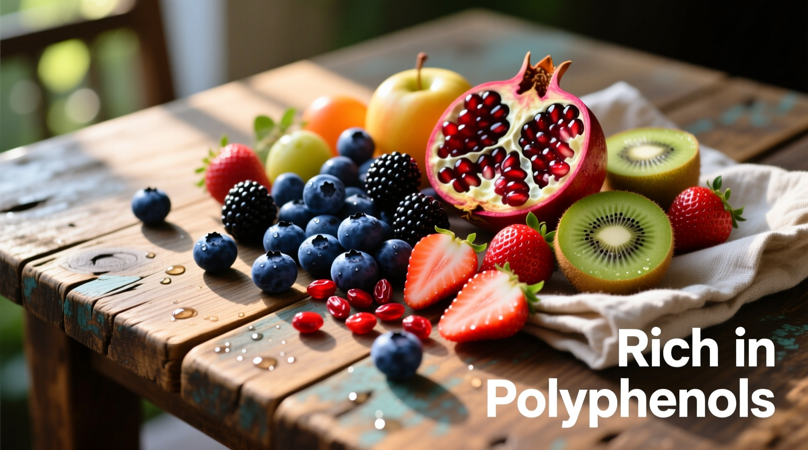 Colorful assortment of polyphenol-rich fruits on wooden table