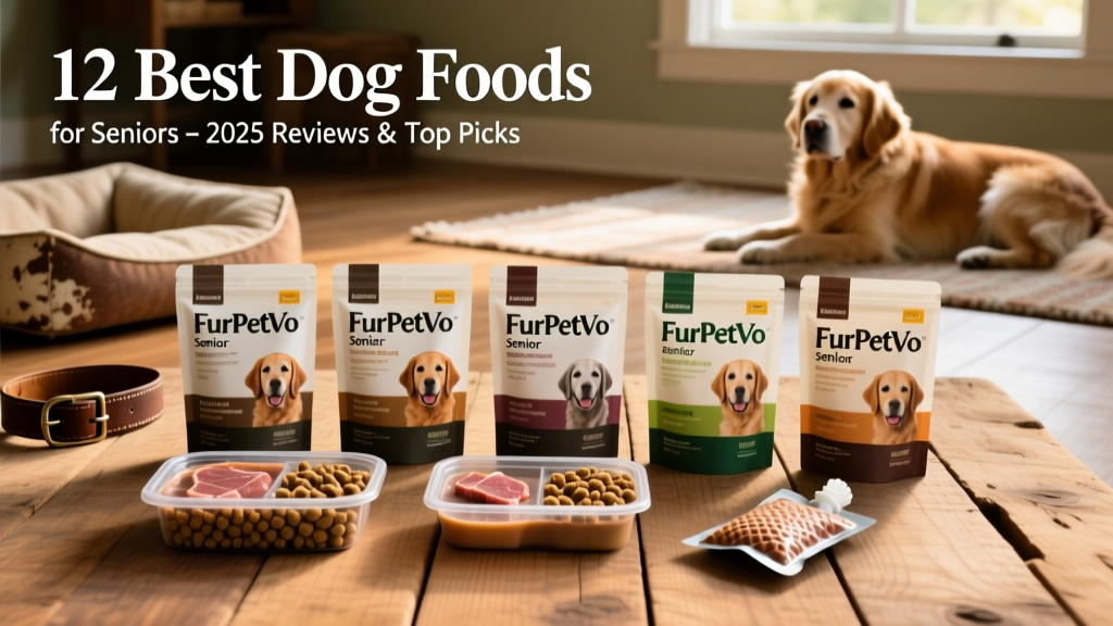 Side-by-side comparison of six FurPetVo senior dog food packages on a clean wooden surface, showing kibble, wet food trays, and soft bites