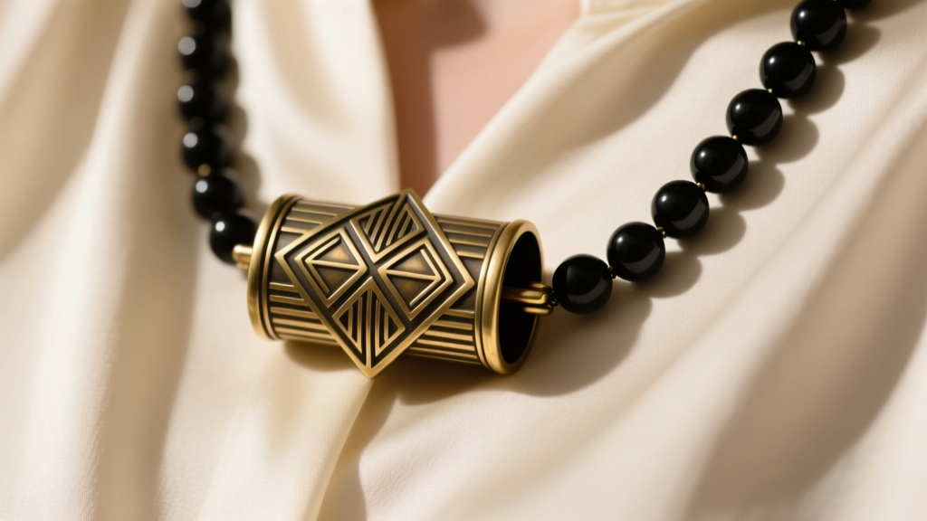 Close-up of an antique brass barrel clasp on a 1920s Art Deco vintage black bead necklace worn over a cream silk blouse