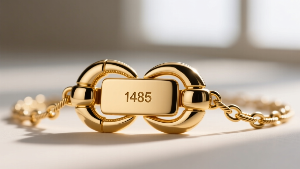 Close-up of a solid 14k gold lobster clasp attached to a delicate cable chain, highlighting the stamped 585 purity hallmark.