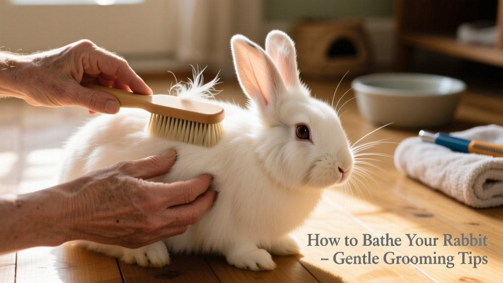 Close-up of hands using a soft brush to groom a rabbit's back, with loose fur collecting on the brush