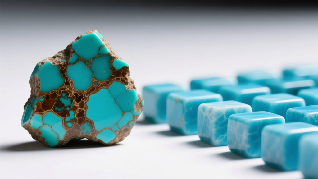 Macro view of natural Kingman turquoise chips with brown matrix beside uniform dyed howlite chips under bright studio lighting.