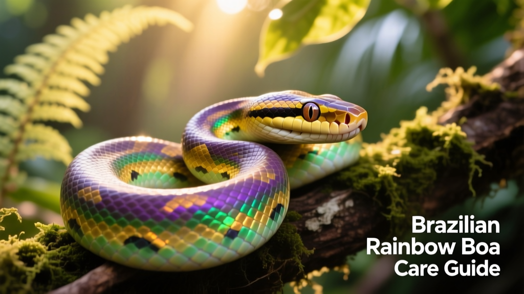 Close-up of a Brazilian rainbow boa showing its iridescent, rainbow-hued scales in natural light