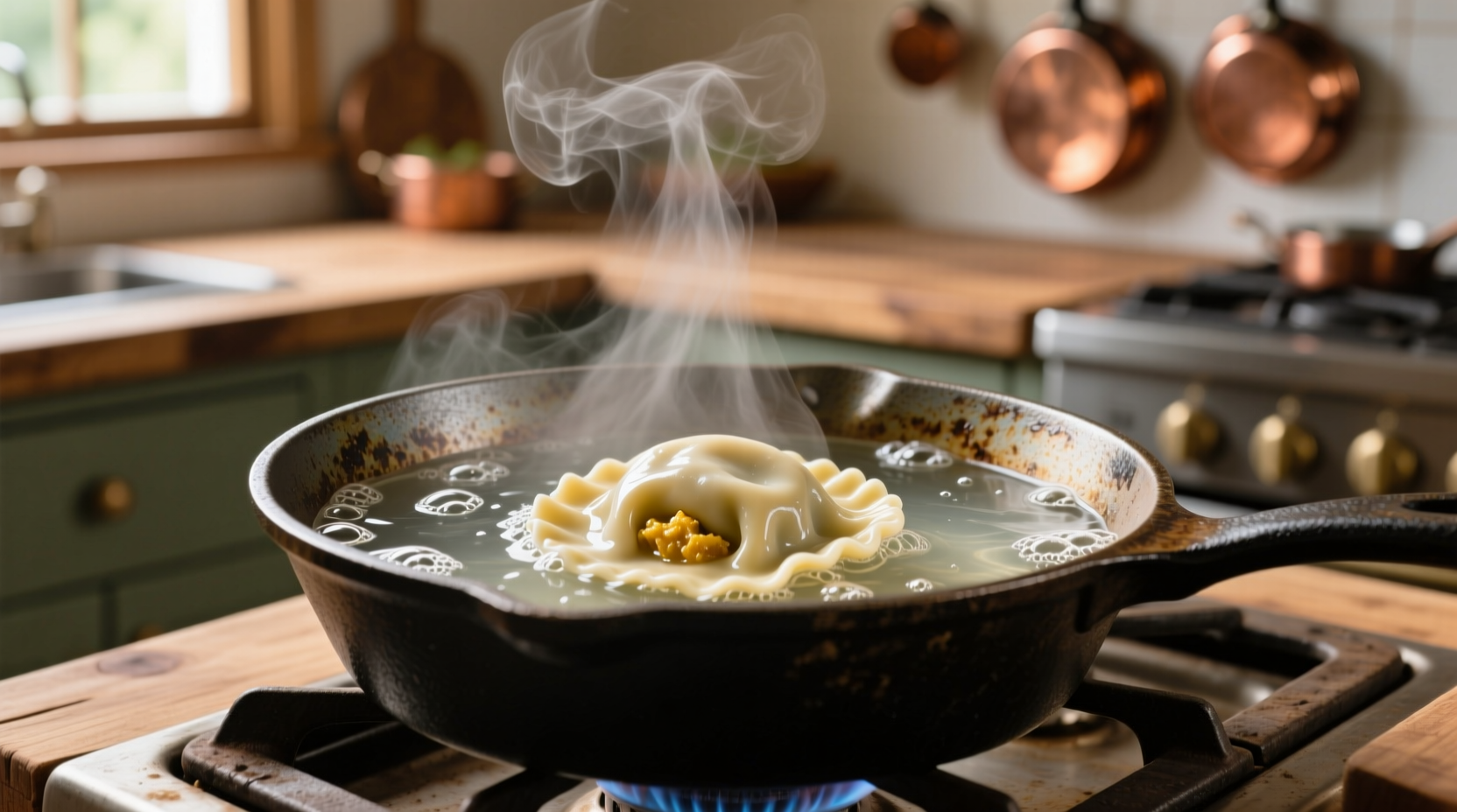 Perfectly cooked ravioli floating in boiling water
