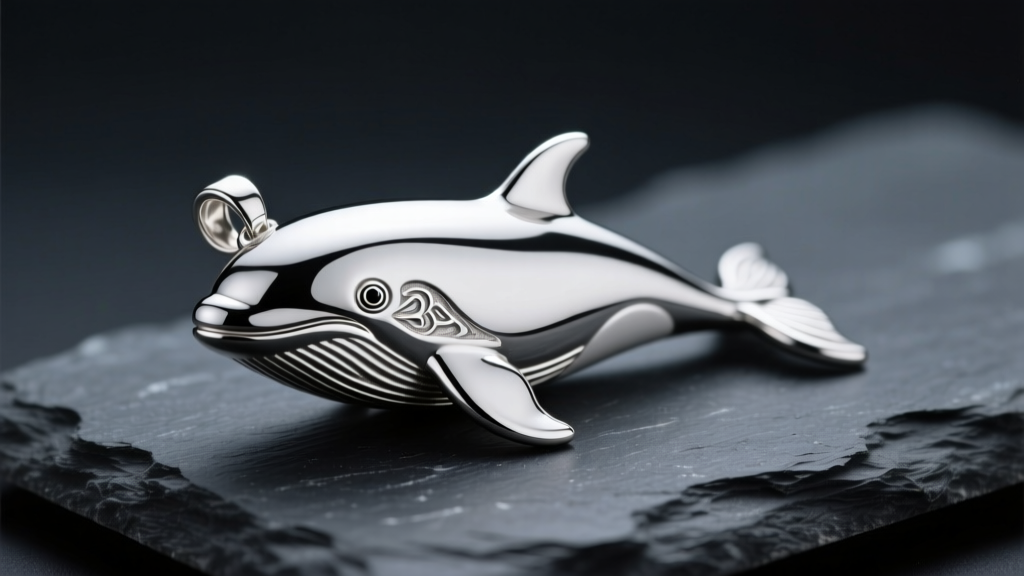 Macro shot of a detailed sterling silver orca whale pendant resting on dark slate under soft directional studio lighting.